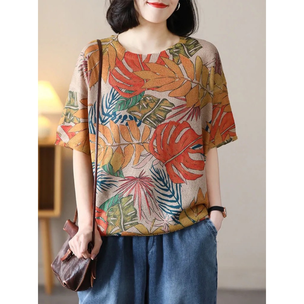 เสื้อถักผ้าฝ้ายและผ้าลินินยืดพิมพ์ลายสไตล์วินเทจสำหรับผู้หญิงเสื้อตัวในคอกลมทรงหลวมและบางแบบใหม่สำหรับฤดูร้อน