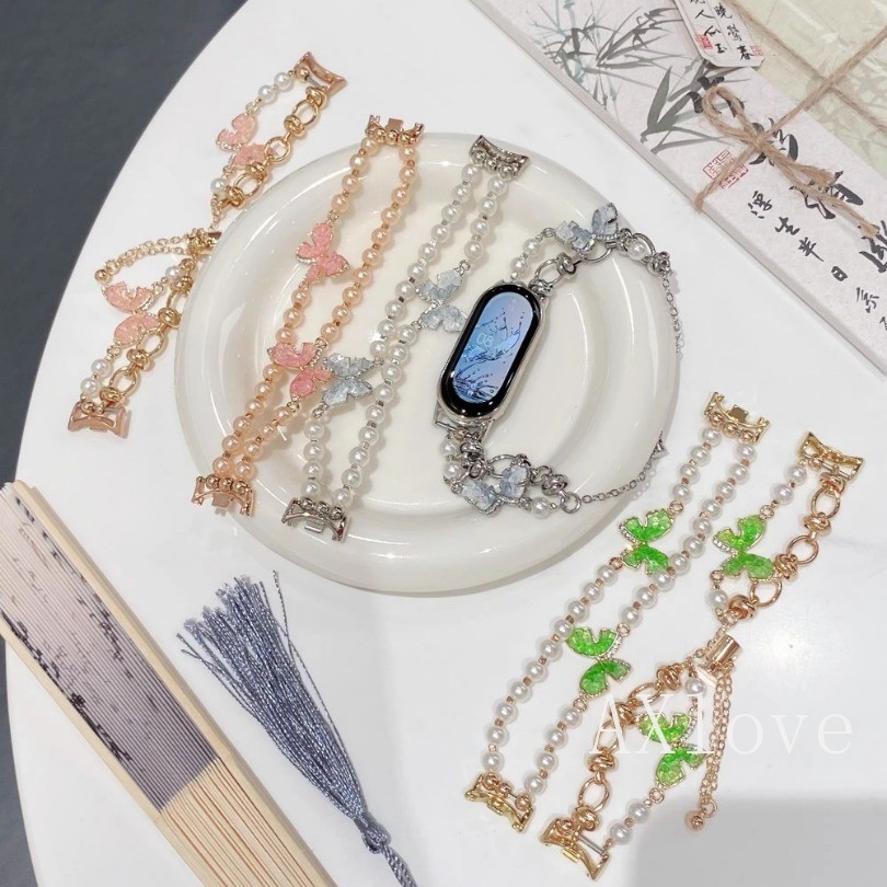 สาวสร้อยข้อมือผีเสื้อสําหรับ Xiaomi Mi Band 8 9 Bands สายรัดข้อมือยืดหยุ่นสําหรับ Mi Band 7 6 5 4 3 เครื่องประดับ Pearl Dressy Band