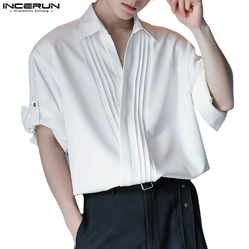 Incerun เสื้อเชิ้ตแขนสั้นดีไซน์จีบ Placket ของเกาหลีสําหรับผู้ชาย