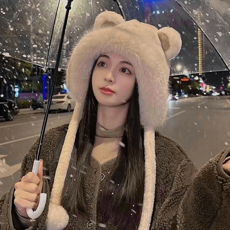 ฤดูหนาว Warm Plush หมวกแฟชั่นใหม่ Lacing สองลูกหมวกน่ารักหมีหูหมวกผู้หญิงกลางแจ้ง Windproof ป้องกันหูหมวก