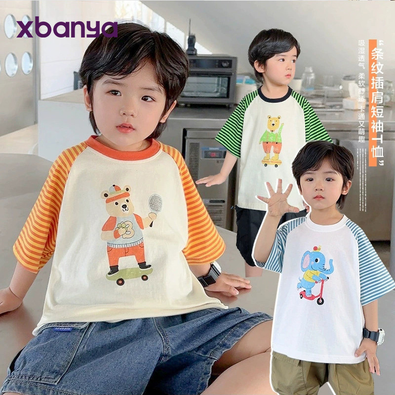 ชายลาย แร็กแลน แขนสั้นเสื้อยืดฤดูร้อนสไตล์ฤดูร้อนเสื้อผ้าฤดูร้อนเด็กทารกเสื้อผ้าเด็กทารกครึ่งแขนด้านบนบางฤดูร้อน X4255