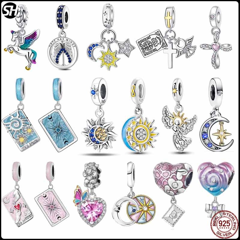 S925 เงินสเตอร์ลิงหวังและสันติภาพการ์ด Sun Angel ลูกปัด Fit สร้อยข้อมือเดิม Charm ลูกปัดสร้อยคอ Diy เครื่องประดับหญิง
