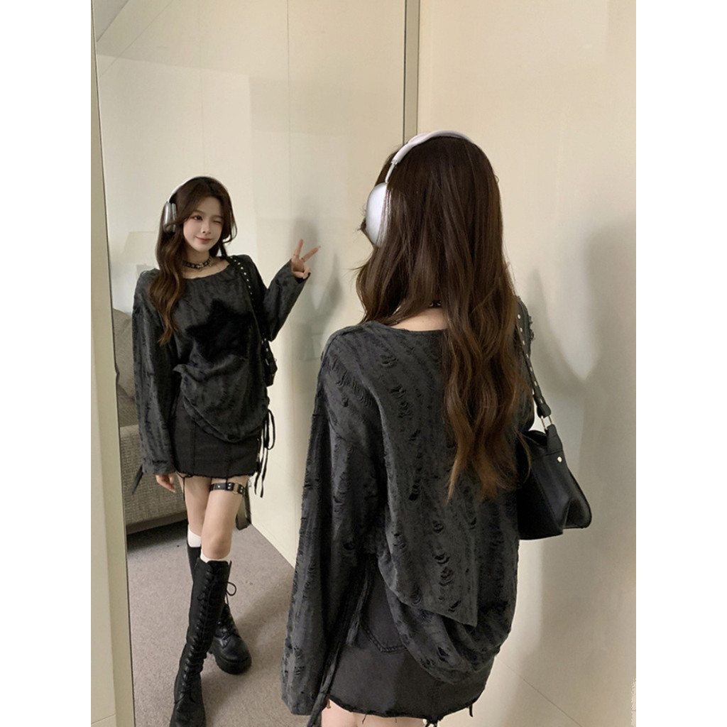 ผ้าขาดๆลายดาวสไตล์ชิวๆเสื้อเปิดไหล่แขนยาวเปิดไหล่ฤดูร้อนออกแบบมีเชือกรูดด้านบนกำมะหยี่ v7a6