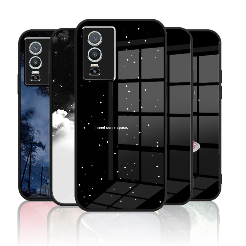 เคสกระจก VIVO Y76 Y76s 5g เคสกระจกนิรภัยฮาร์ดฝาหลังขอบซิลิคอนอ่อน