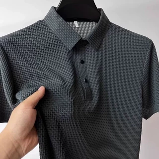 【4 colors】M-3XL Street Wear ผ้าไหมน้ําแข็งแขนสั้นธุรกิจเสื้อโปโลผู้ชายสไตล์ใหม่ฤดูร้อนบางตาข่ายระบายอากาศปกด้านบนขนาดใหญ่