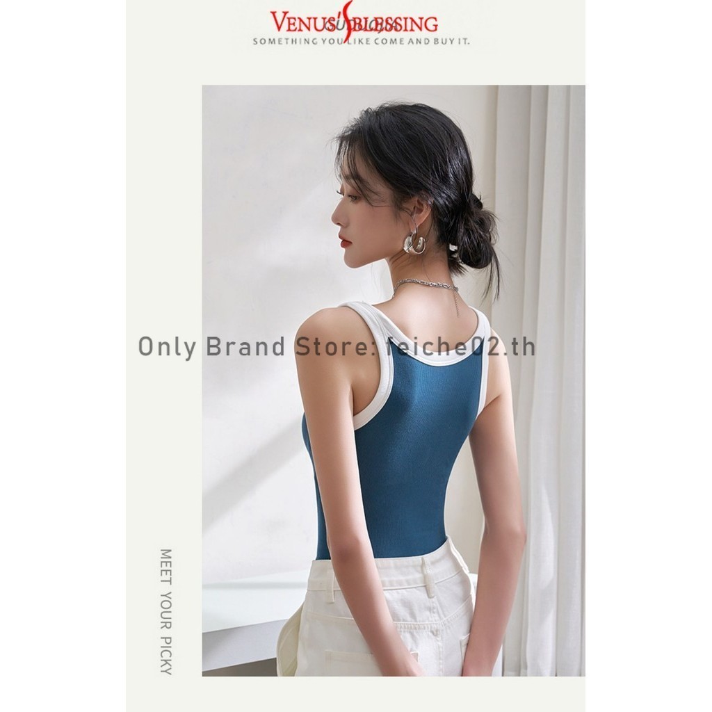 Casual Patchwork Contrast Binding tank top สําหรับเสื้อกั๊กด้ายแผ่นรองหน้าอกในตัวสีดําสีขาวพร้อมแผ่นรองหน้าอกด้านนอกสวมเสื้อกล้ามด้านหลังที่สวยงาม ราคา ถูกที่สุด ดีลบีเคเค แกลเลอรีภาพที่ 8