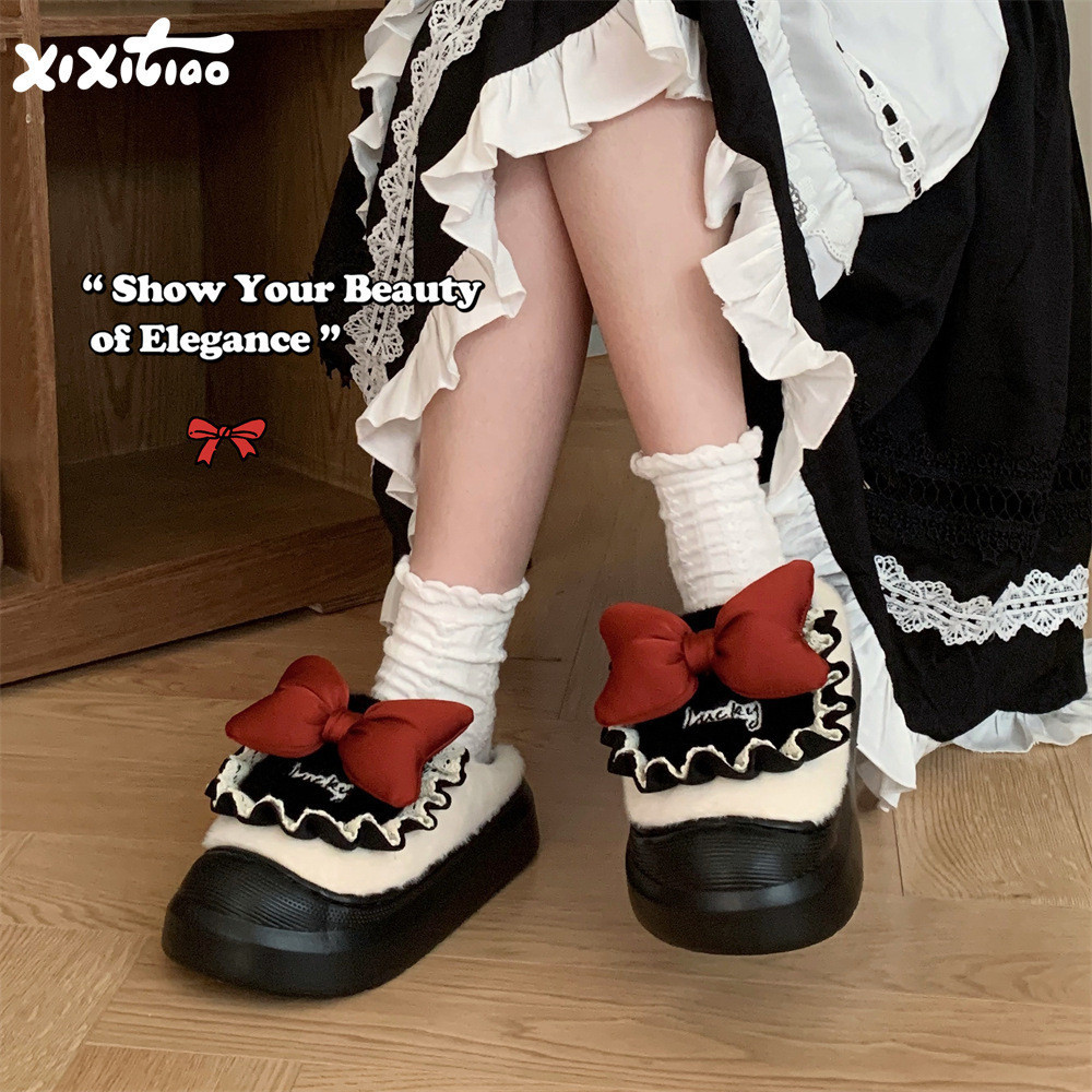 Xixtiao รองเท้าแตะผ้าฝ้ายสไตล์หวาน Lolita Bowknot สุภาพสตรีน่ารักบ้าน Soft Sole