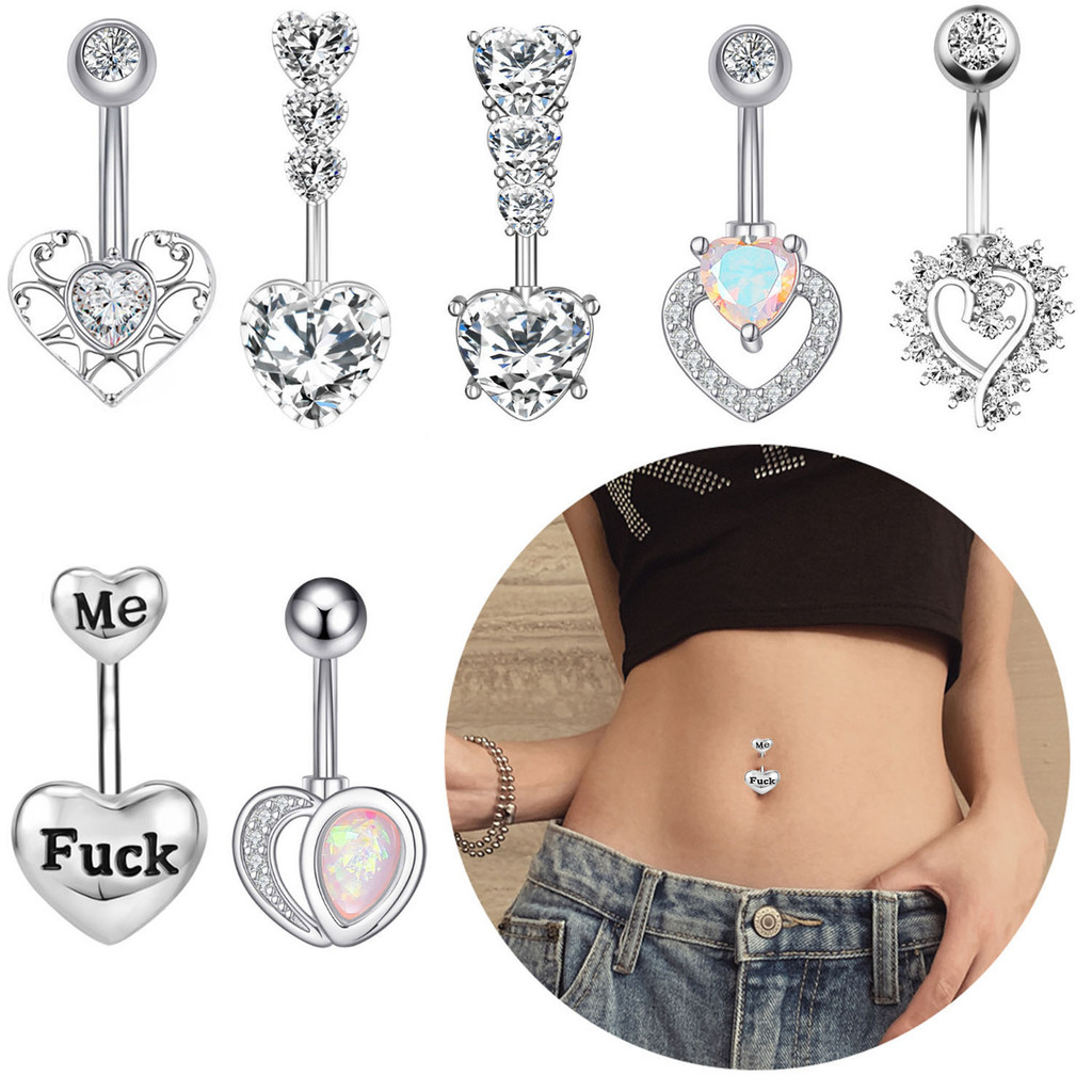 1 ชิ้น Unisex เรียบง่ายและสวยสแตนเลส Double Head Heart Zircon Design Navel Nail