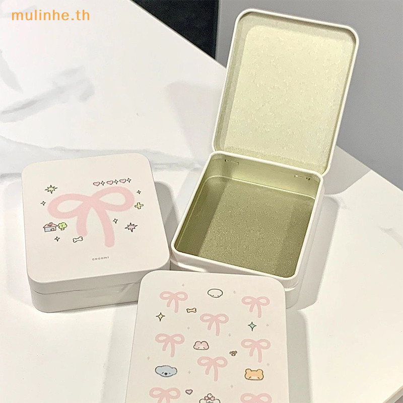 มูลินเฮ การ์ตูนเหล็กกล่องเก็บน่ารักโบว์พลิกกล่องดีบุกเหรียญบัตรต่างหูหูฟังเครื่องประดับสก์ท็อปกรณีการจัดเก็บออแกไนเซอร์ ไทย