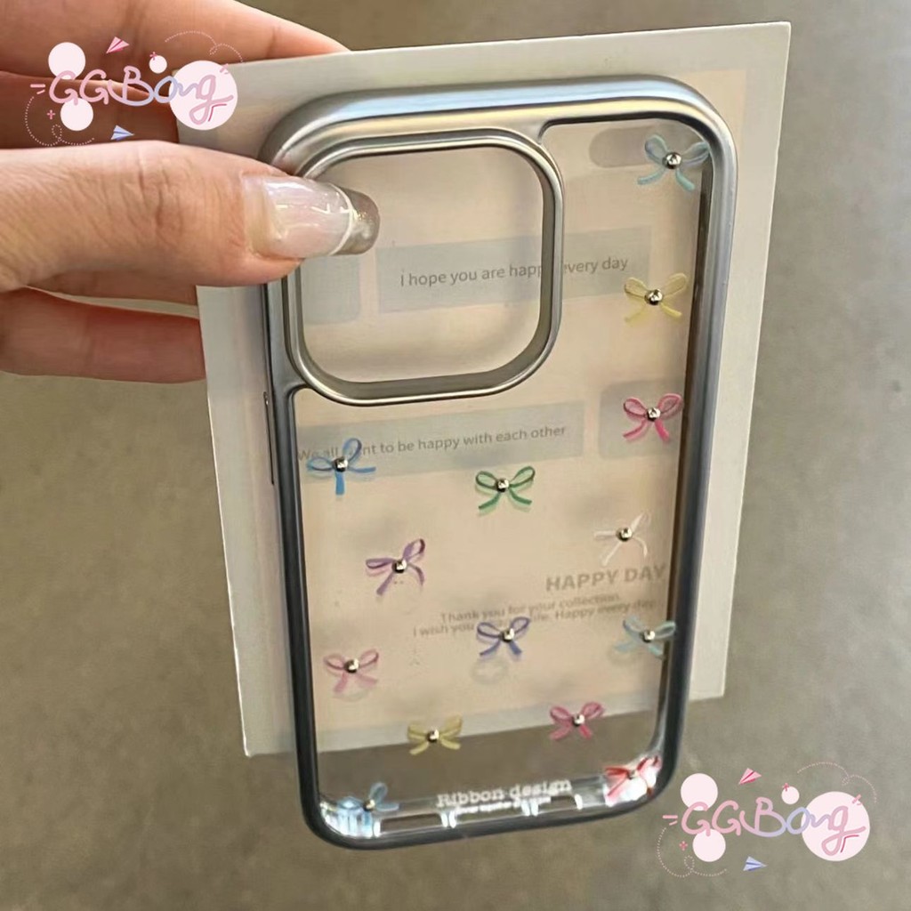 สีสันน่ารักโบว์กรอบชุบไฟฟ้าสุดหรูตัวเรือนโปร่งใส เคสไอโฟIphone 11 14 15 13 12 Pro Max XR 14 8 7 15 Plus X XS Max SE เคส