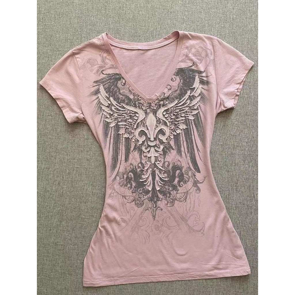 Y2K Top Vintage เสื้อยืดผู้หญิง American Retro ฤดูร้อน V คอผ้าฝ้ายแขนสั้นสีชมพู