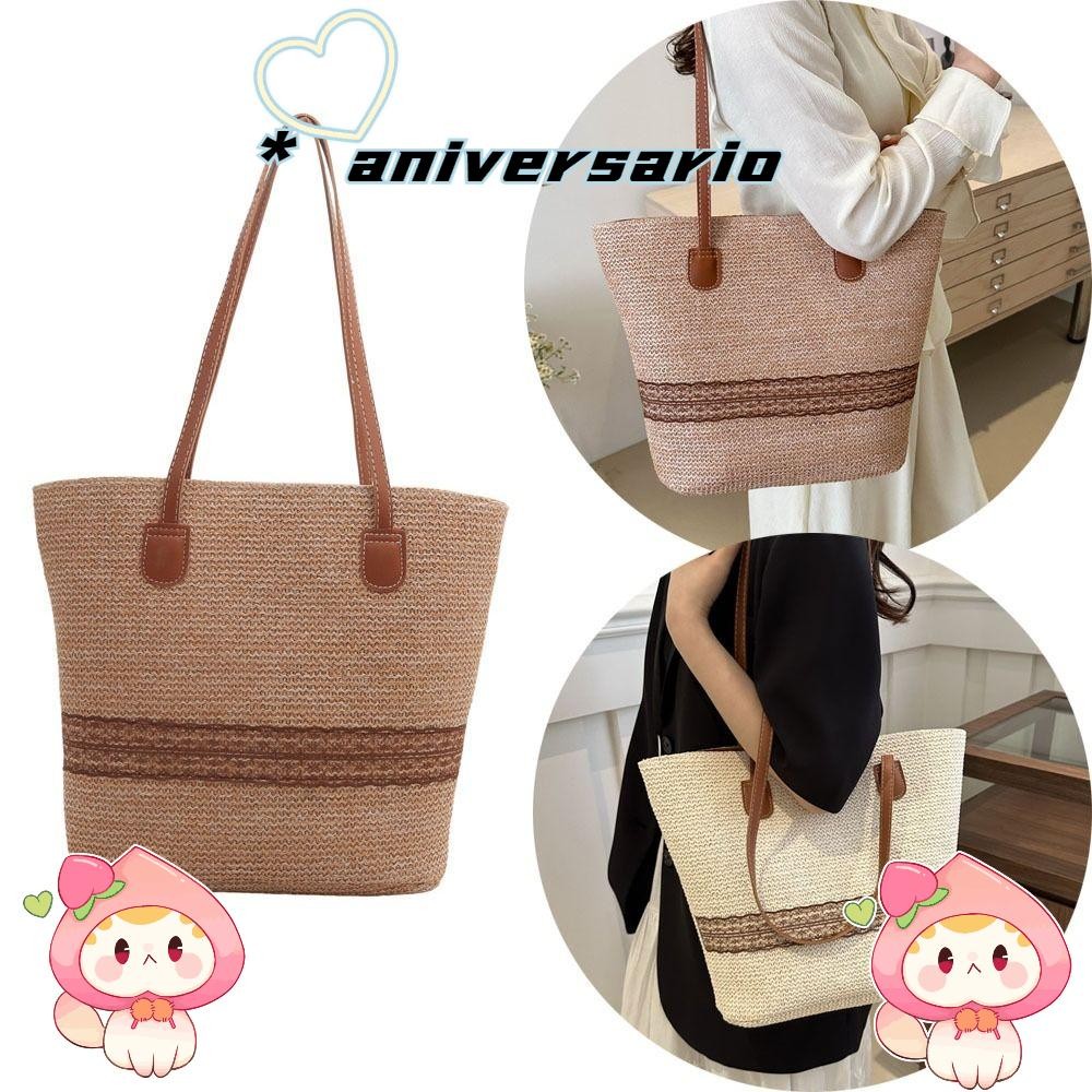Aniversario Seaside Beach Bags, Casual Bag Shoulder Tote Bag Spliced ​​Bucket Bag Women Straw Tote Bag, Large Capacity Beach Boho Style Travel Shopping Bags