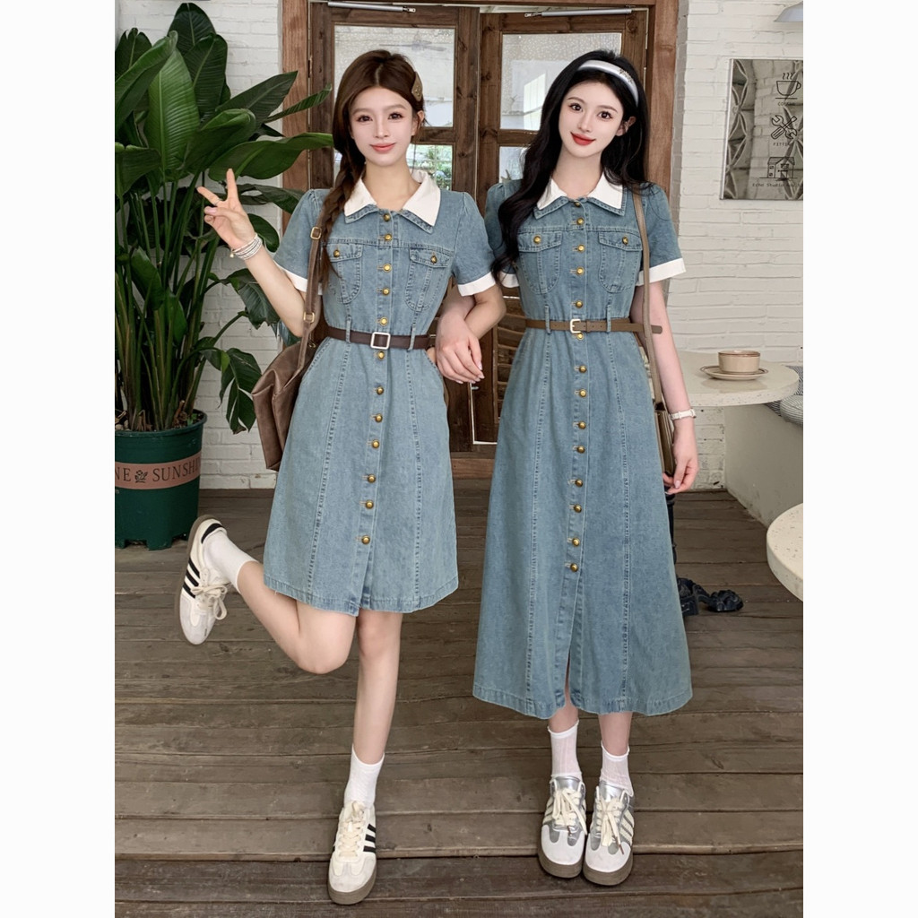 Denim Short Sleeve Slimming French New Skirt Dress Waist-Tight2024Elegant Summer Retro Double Layer EJR6