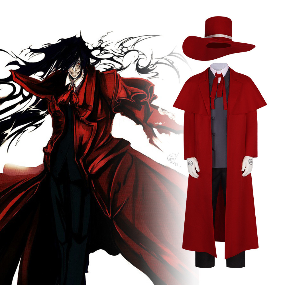 Hellsing Anime COSPLAY costume: Vampire alucard's Knight suits with Red windbreaker Coat,British Hat