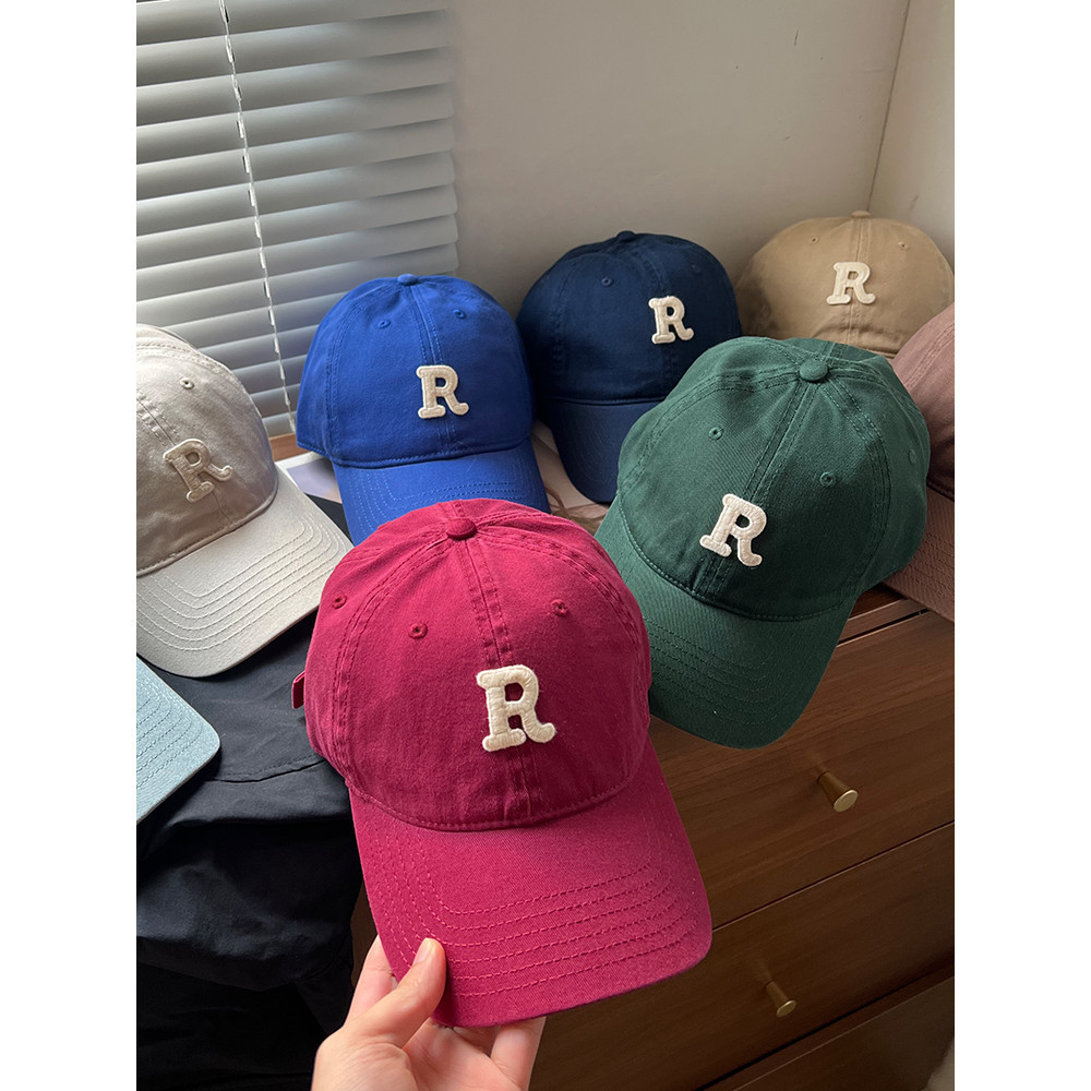 Letter R Label เบสบอลหมวกหญิงหัวใหญ่เส้นรอบวงแสดงใบหน้าขนาดเล็ก All-Match กีฬาชายเกาหลีรุ่น Soft Sunshade Dee