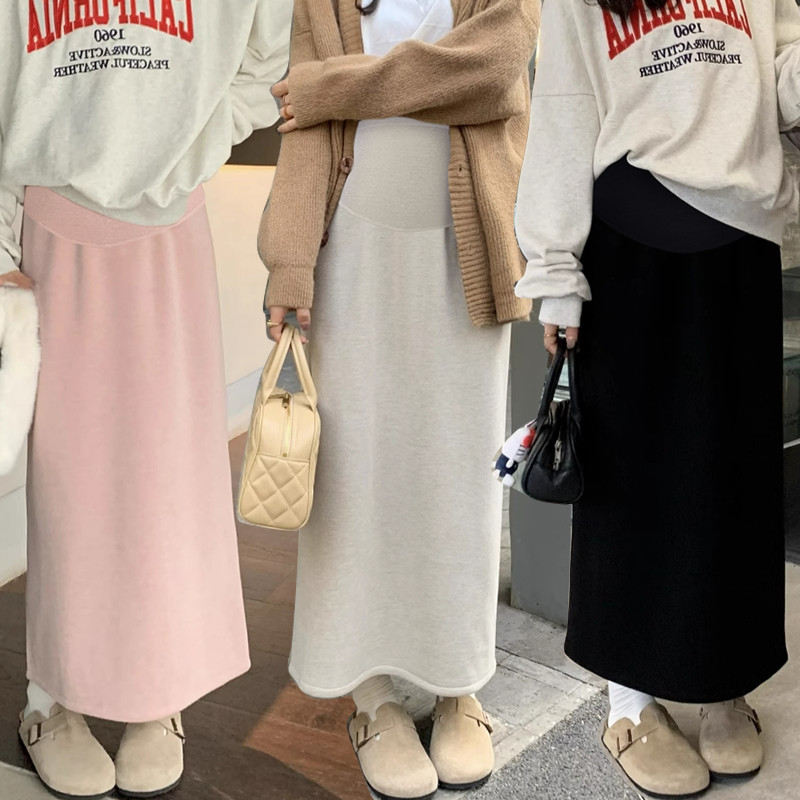 กระโปรงคนท้องฤดูใบไม้ร่วงฤดูหนาวสไตล์ใหม่ Casual Slimmer ดูกลับ Slit A-Line กระโปรงคลอดบุตร Bottoms