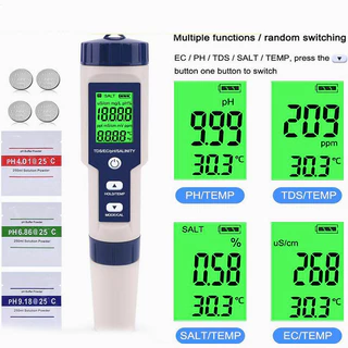 ใหม่5-In-1ตัวทดสอบคุณภาพPH/EC (การนำไฟฟ้า) /TDS (Ppm)/ความเค็ม (Ppt)/เครื่องวัดอุณหภูมิพืชสวนกันน้ำ เครื่องตรวจสอบคุณภาพ