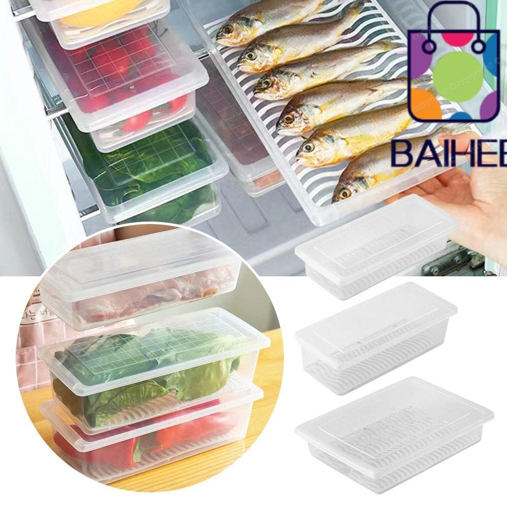 Baihee 1 ชิ้น Crisper กล่อง, เกรดอาหาร PP ท่อระบายน้ําชั้นอาหาร, S/M/L พร้อมฝาปิดตู้เย็นปลาแช่แข็งกล่องเก็บเนื้อครัว