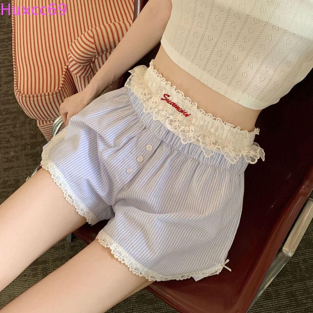 Huxcc กางเกงขาสั้นเอวยางยืด,สีฟ้าสีชมพู Lolita กางเกงขาสั้นลาย, Causal ฤดูร้อนปุ่มปักกางเกงขาสั้นลูกไม้สําหรับผู้หญิงสาว