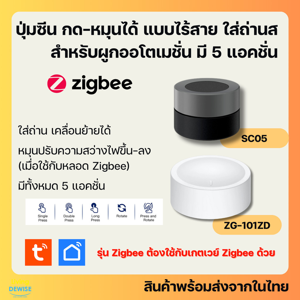 Tuya ปุ่ม Scene หมุนได้ 5 แอคชั่น ไร้สายแบบใช้ถ่าน Zigbee เอาไว้สั่ง Scene, Automation-Smart Knob