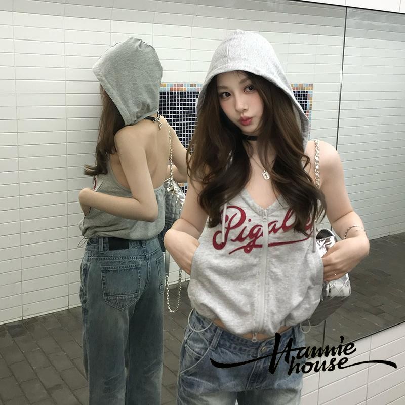 Hanie House- เสื้อกล้ามมีฮู้ดด้านหน้ามีซิปเปิดหลังพิมพ์ลายตัวอักษรสําหรับผู้หญิง