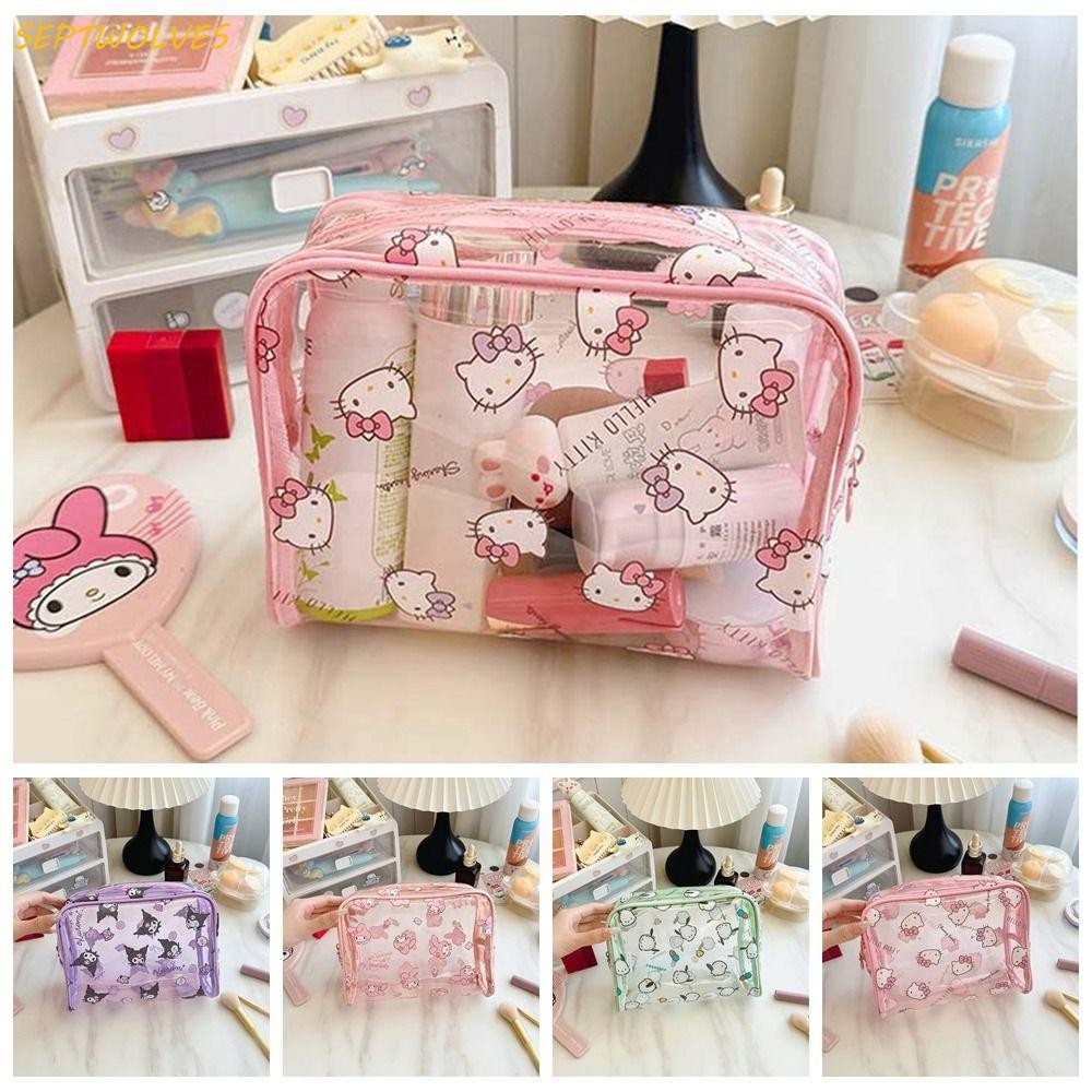 Septwolves กระเป๋าเครื่องสําอางใส, Kuromi Kitty Cat กระเป๋าแต่งหน้าการ์ตูน, Elegant Melody Pochacco Zipper Travel Wash Bag หญิง/หญิง