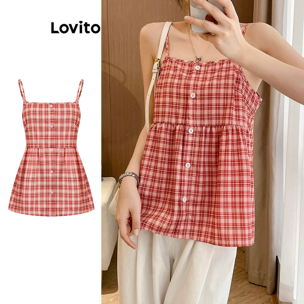 Lovito ปุ่ม ลายกิงแฮมแบบสบาย ๆ เสื้อกล้ามด้านหน้าสำหรับผู้หญิง L105MD041