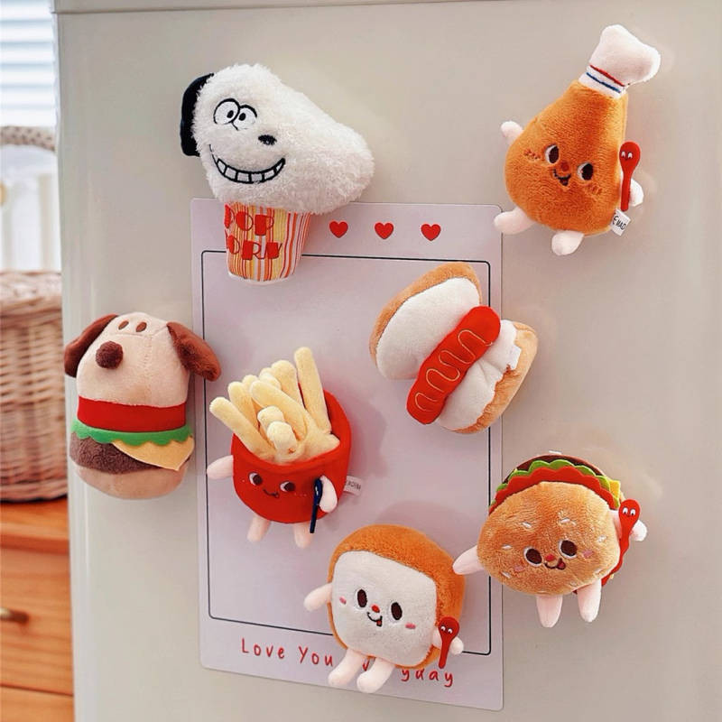 New Plush Simulation Hamburger Fries Refridgerator Magnets Magnet Decoration Three-Dimensional Cute Cartoon Doll Magnetic Suction Stickers KU5e