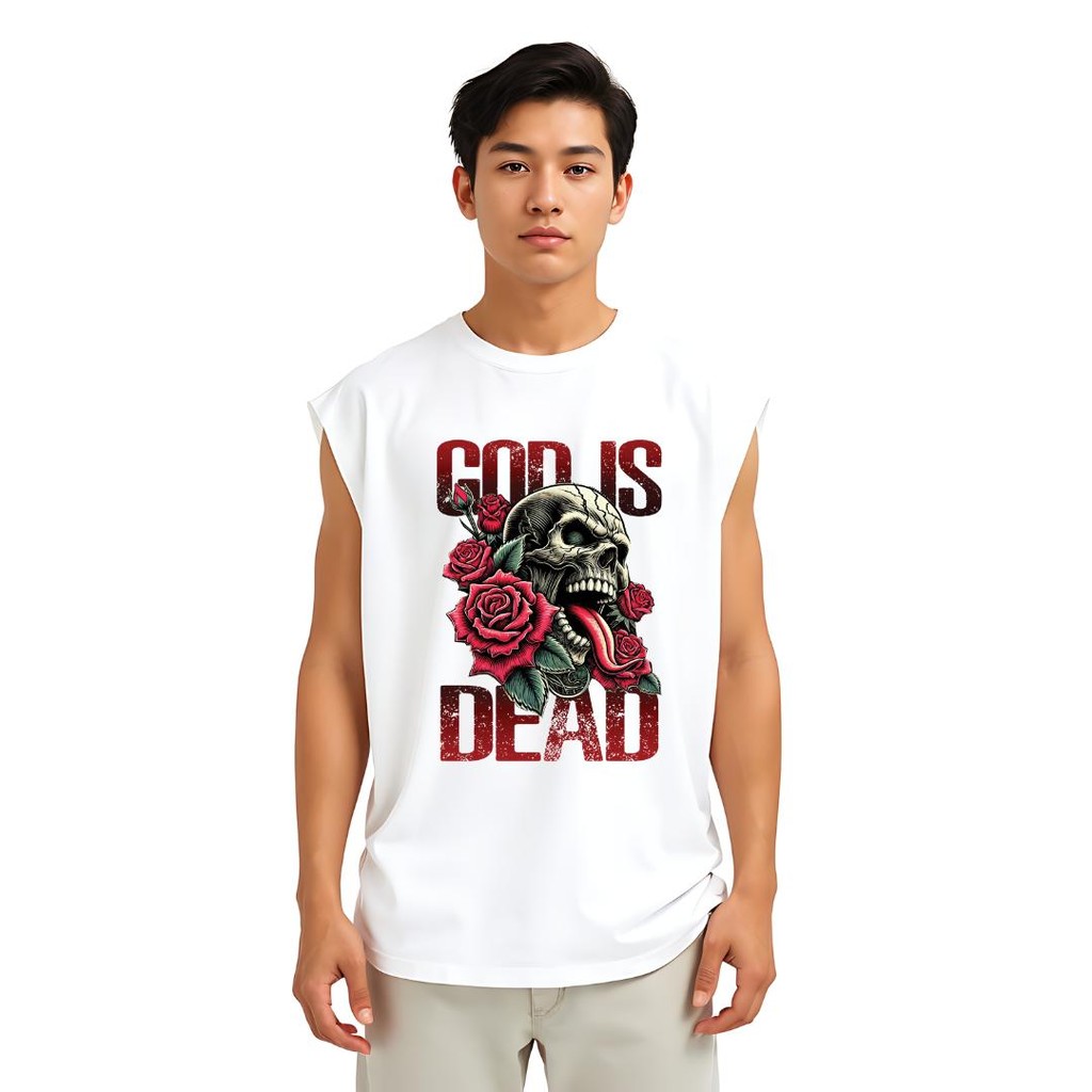 Noppapot เสื้อแขนกุดโอเวอร์ไซซ์ พิมพ์ลายRock ลายGod is Dead ขนาดใหญ่สะใจ เนื้อผ้าCotton ใส่สบาย ระบายอากาศ มีปลายทางRK04