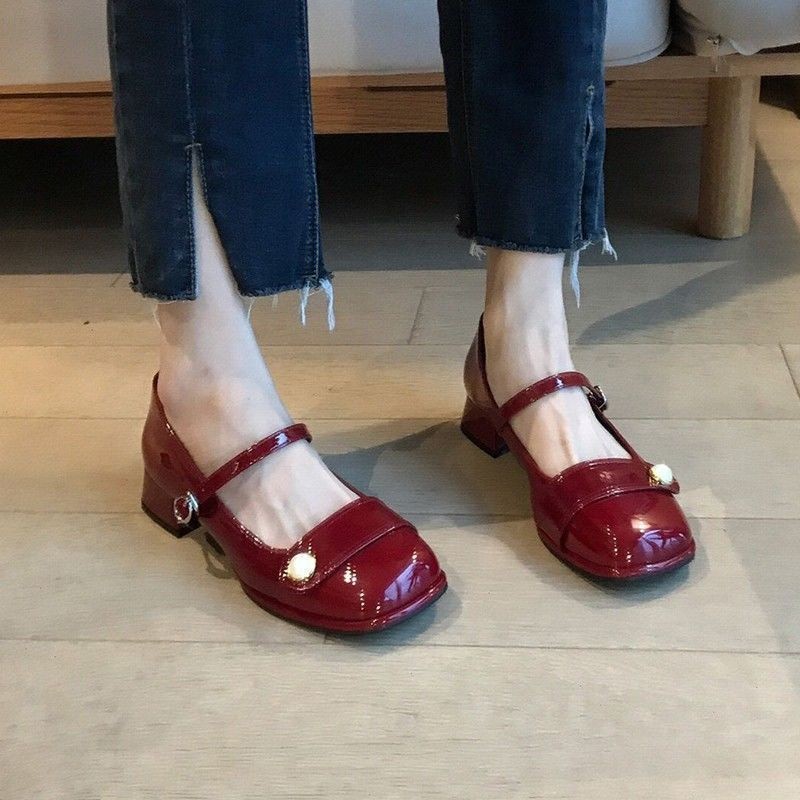 รองเท้าหนังแฟชั่นสีแดง รองเท้าแมรี่เจนผู้หญิง พื้นหนา หัวสี่เหลี่ยม กันลื่น น้ำหนักเบา สไตล์ย้อนยุคฝรั่งเศส - รูปที่ 6