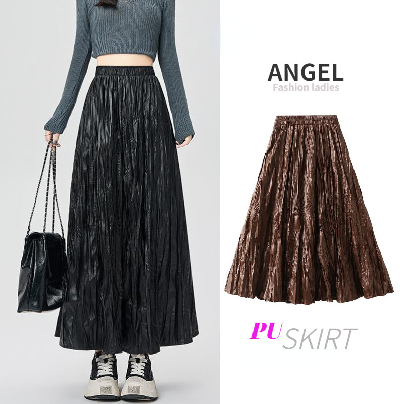 [5 สี]angel แฟชั่นผู้หญิง PU หนัง midi กระโปรงตาข่ายสีทึบเกาหลียืดหยุ่นเอวสูง A-line กระโปรงพับแกว่งขนาดใหญ่สําหรับผู้หญิง