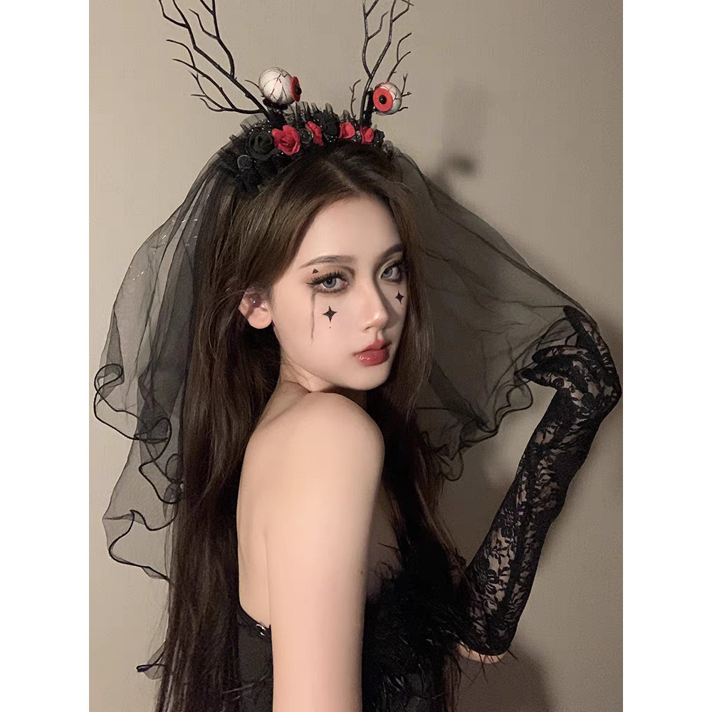 ที่คาดผมสีดําฮาโลวีน Fallen Angel Ghost เจ้าสาว Bow Veil Dress Up cos Props Gauze Headdress