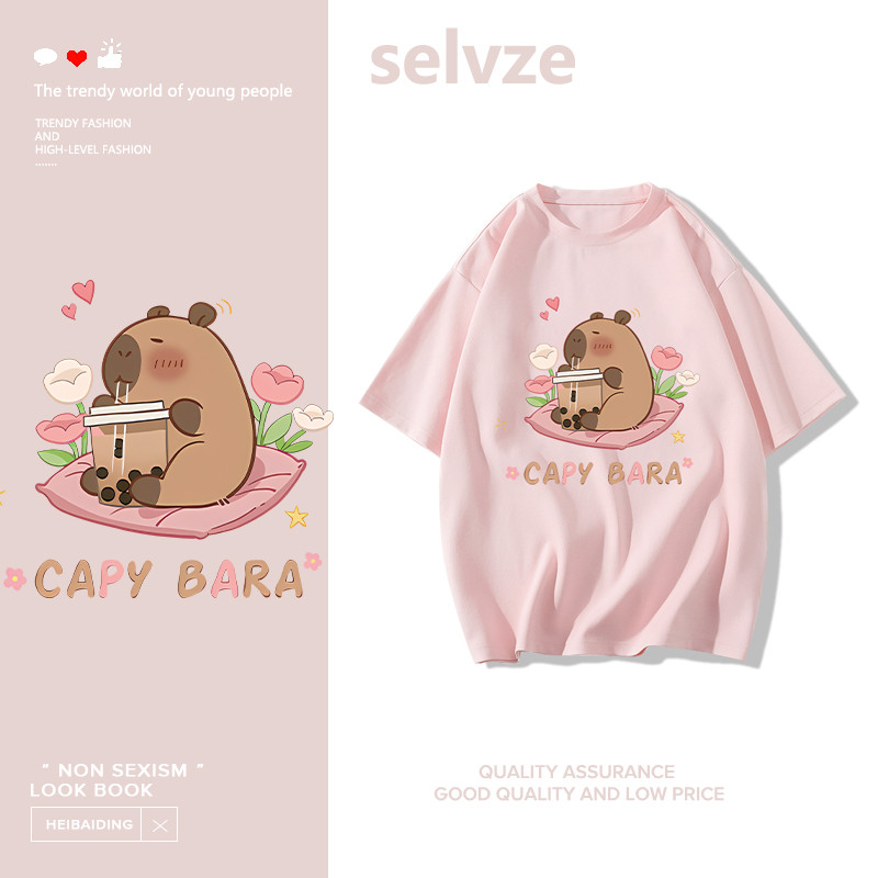 SELVZE（จัดส่งตลอด 24 ชั่วโมง） Printed T-shirt，การ์ตูนน่ารัก CAPY BARA พิมพ์เสื้อยืดแขนสั้นหลวม B000349