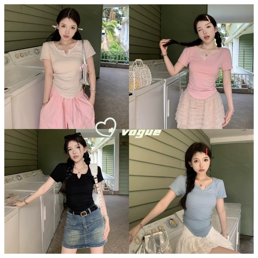 Vogue🌟พร้อมส่ง🌟 แขนสั้นทรงสามเหลี่ยมคว่ำ แขนสั้นคอยู เสื้อครอป (FY5023-S)