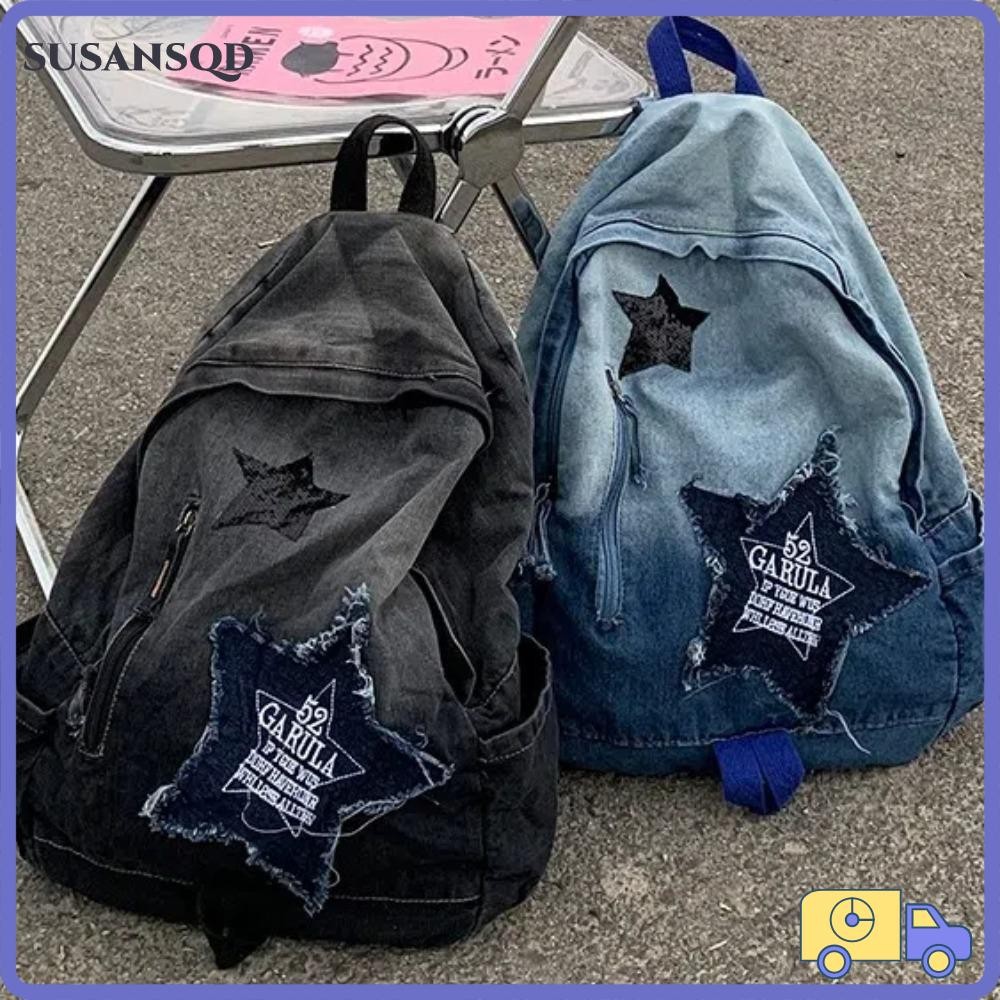 Susansqd กระเป๋าเป้สะพายหลังผ้ายีนส์กระเป๋านักเรียนนักเรียนลายดาวความจุขนาดใหญ่กระเป๋าหนังสือ Punk Y2K ผู้ใหญ่