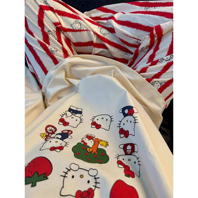 สีแดงลาย Hello Kitty ชุดนอนสตรีฤดูใบไม้ร่วงแขนยาวกางเกงการ์ตูนน่ารักหลวมสบาย homewear Suit