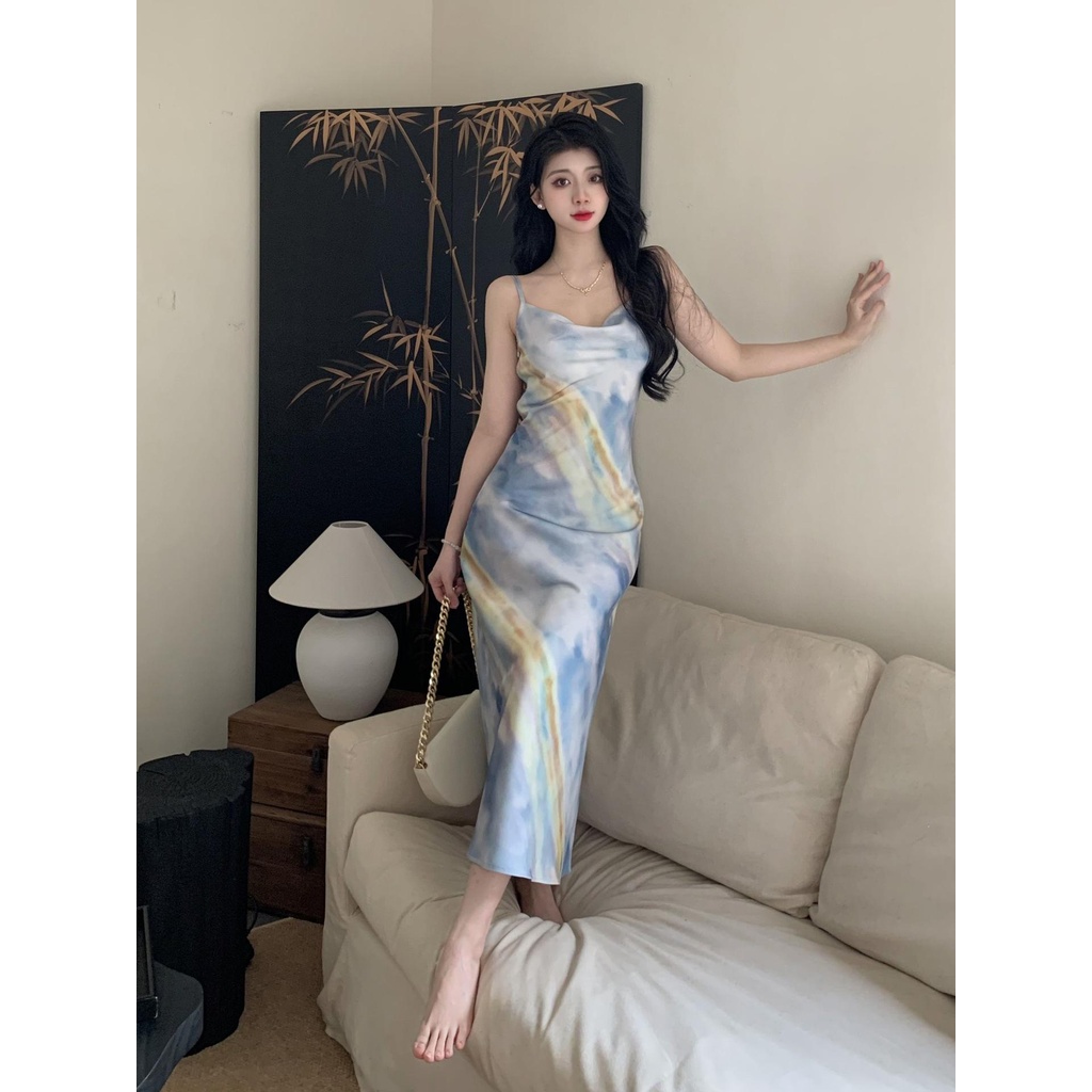 เดรส ลายดอกไม้ สายเดี่ยว ชุดเดรส เดรสมัดย้อม ไปทะเล ผู้หญิง รัดรูป น่ารัก dress
