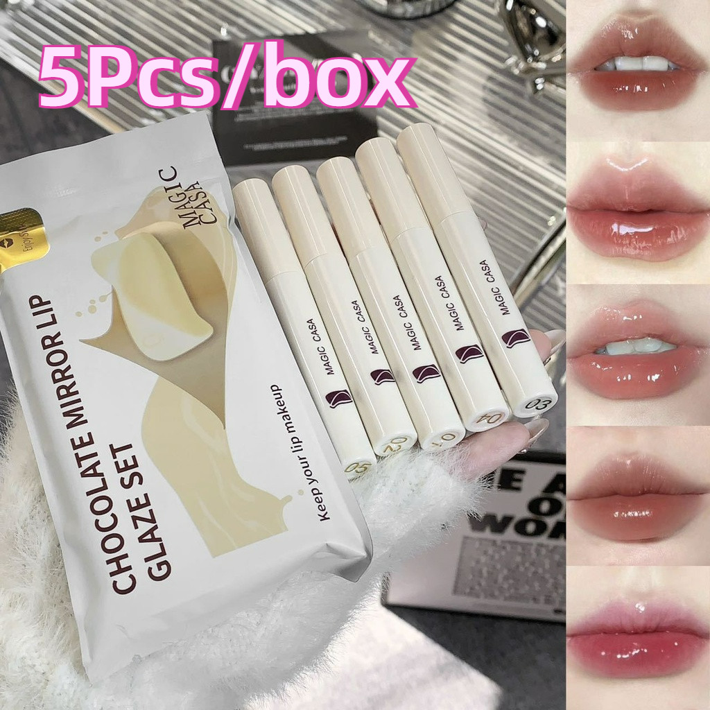 ลิปกลอสกระจกช็อคโกแลตสีขาว ลิปกลอสให้ความชุ่มชื้น 5 ชิ้น/เซ็ต ลิปสติก