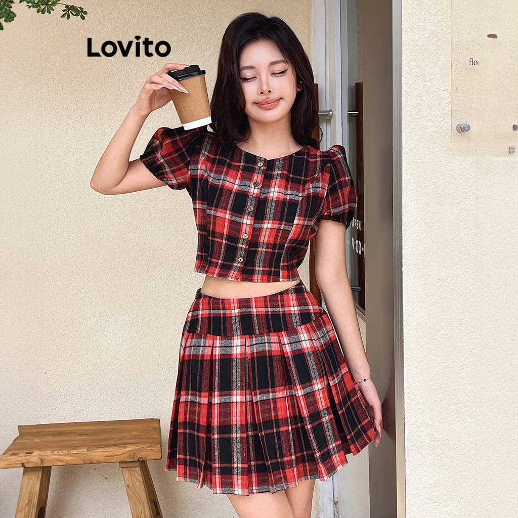 Lovito ชุดกระโปรงจีบลายสก๊อตน่ารักสำหรับผู้หญิง L104ED817