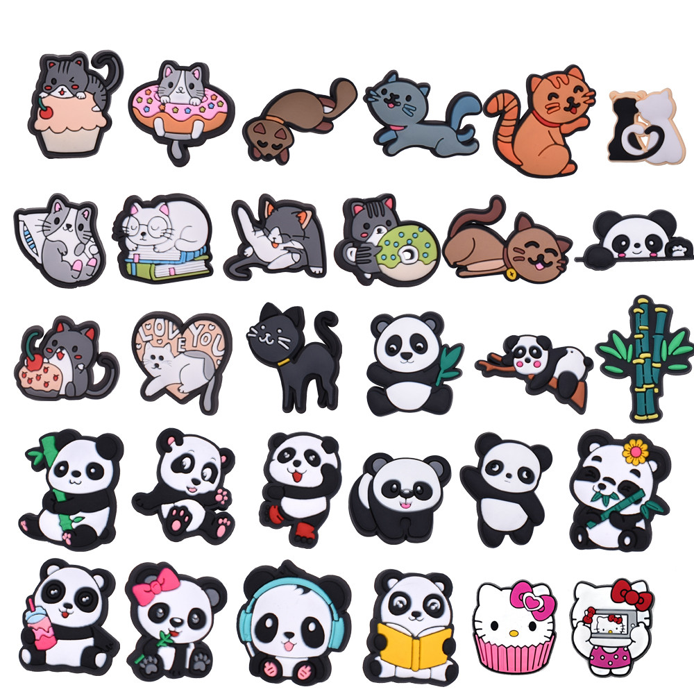 Croc Jibz สัตว์แมวน่ารักการ์ตูน Panda DIY Charms Pins PVC Clog สําหรับรองเท้า Crocs Charms