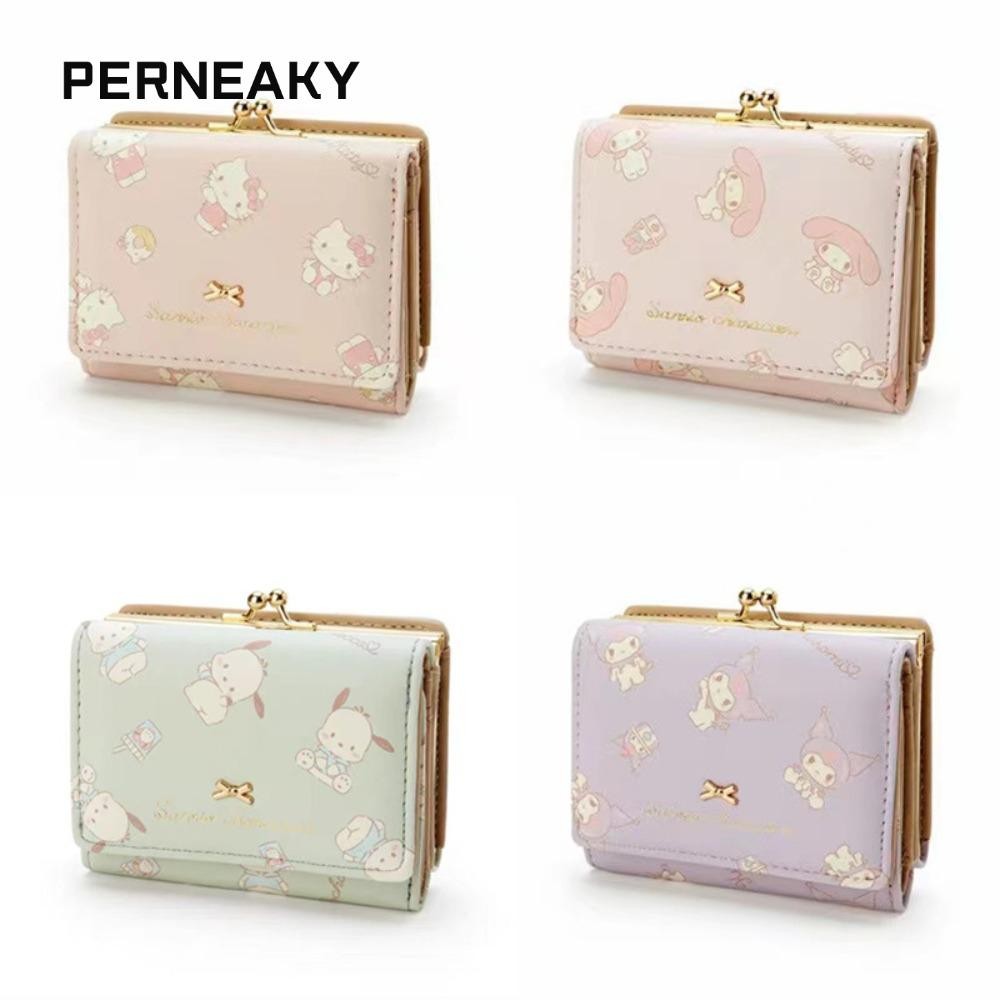 Perneaky กระเป๋าใส่เหรียญ หนัง PU กระเป๋าเงิน Sanrio อเนกประสงค์สามพับ Hello Kitty Kuromi My Melody Comfort Surface กระเป๋าสตางค์ใบสั้นผู้หญิง