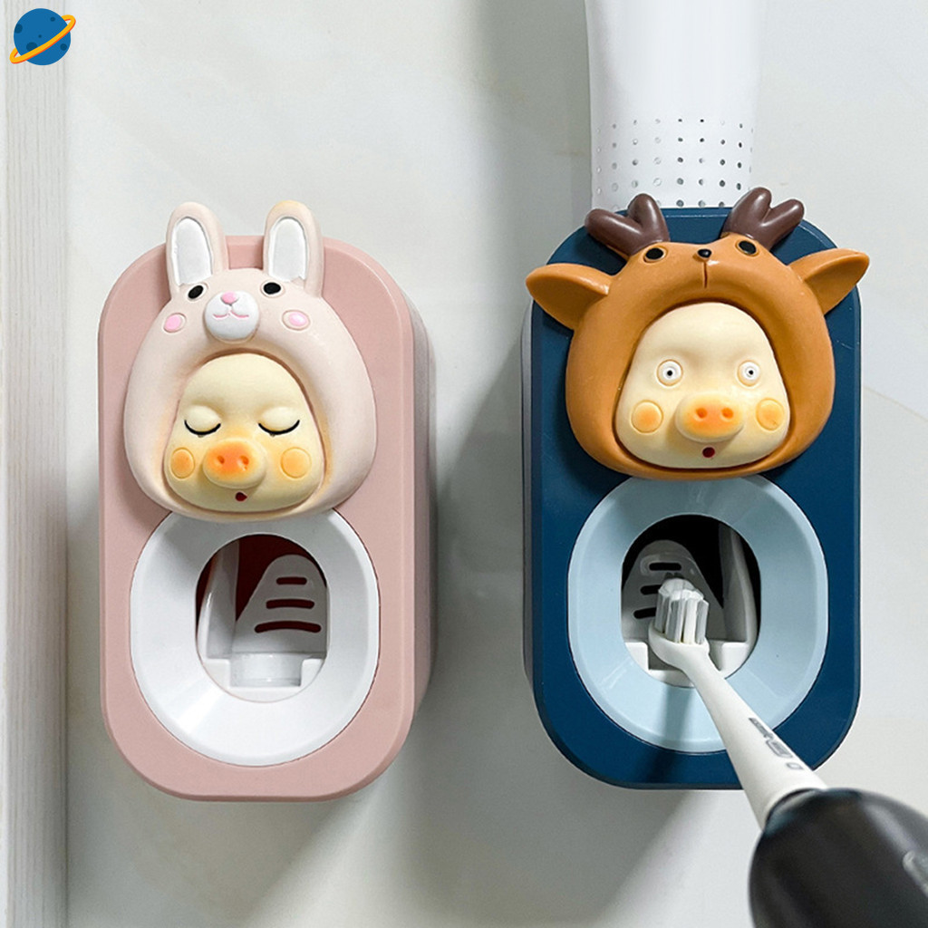 [CRD]เครื่องบีบยาสีฟันอัตโนมัติ Lazy Squeezer การ์ตูนน่ารักเด็กติดผนัง Punch-Free Storage Rack