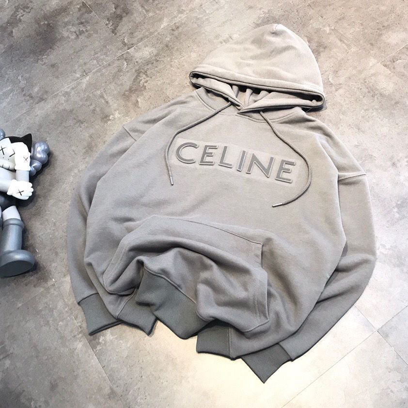 Celine2024พิมพ์เหล็กเทอร์รี่มีฮู้ดตัวอักษรนูนชายหญิงรุ่นเดียวกันเสื้อกันหนาวมีฮู้ด qby0