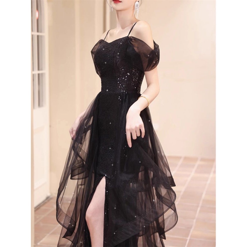 ชุดราตรีสีดํา High-End วันเกิดจัดเลี้ยงอารมณ์นักเรียน Art Exam Performance ของขวัญผู้ใหญ่ Niche Bright ประกายชุด lf10.14 - รูปที่ 3