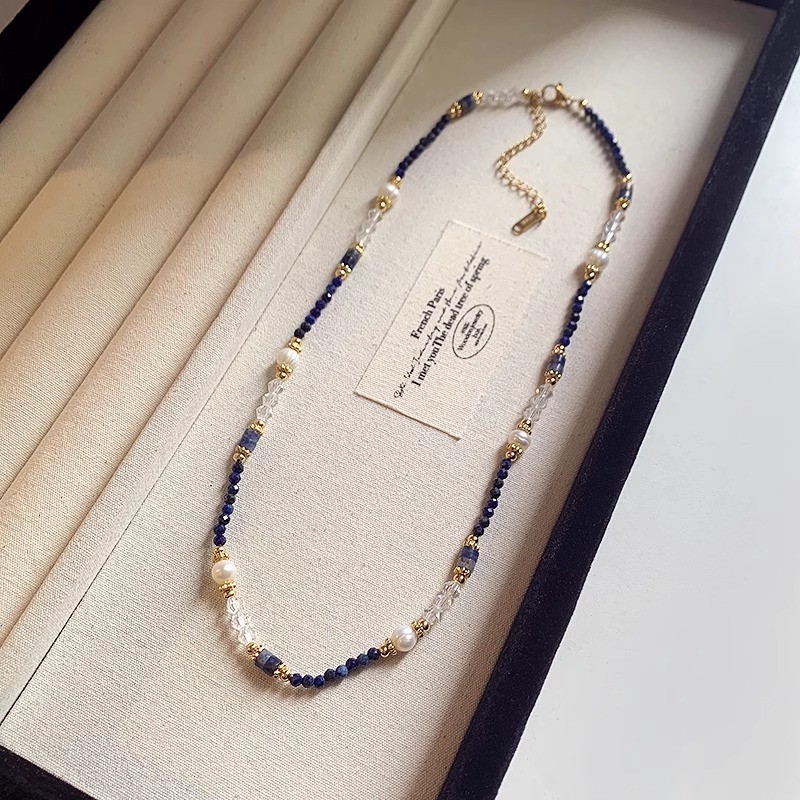[ในสต็อก] Lapis Lazuli มุกน้ำจืดมุกคริสตัลลูกปัดสร้อยคอขนาดเล็กสด dopamine ไหปลาร้าโซ่