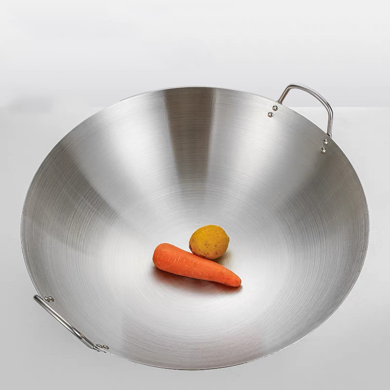 กระทะสแตนเลสเกรดอาหาร กระทะหูคู่หนาในครัวเรือน กระทะก้นกลม ไม่เคลือบ 30ซม.-50ซม. หม้อพิเศษสำหรับโรงอาหารในครัวของโรงแรม - รูปที่ 4
