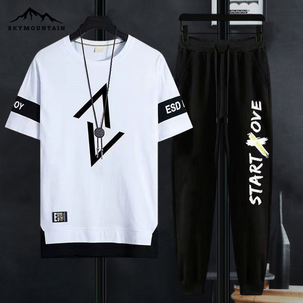 Sky_ Gym Training Sportswear Set Men T-shirt Pants Set Mens Casual Sports Set with Quick Drying T-sh