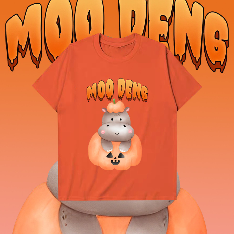 😺ใหม่ เสื้อ MOO-DENG Moodeng hippo หมูเด้ง&Halloween T-shirt ชุดฮาโลวีน ผ้าฝ้ายแท้ 100% ราคาถูก แบบ 