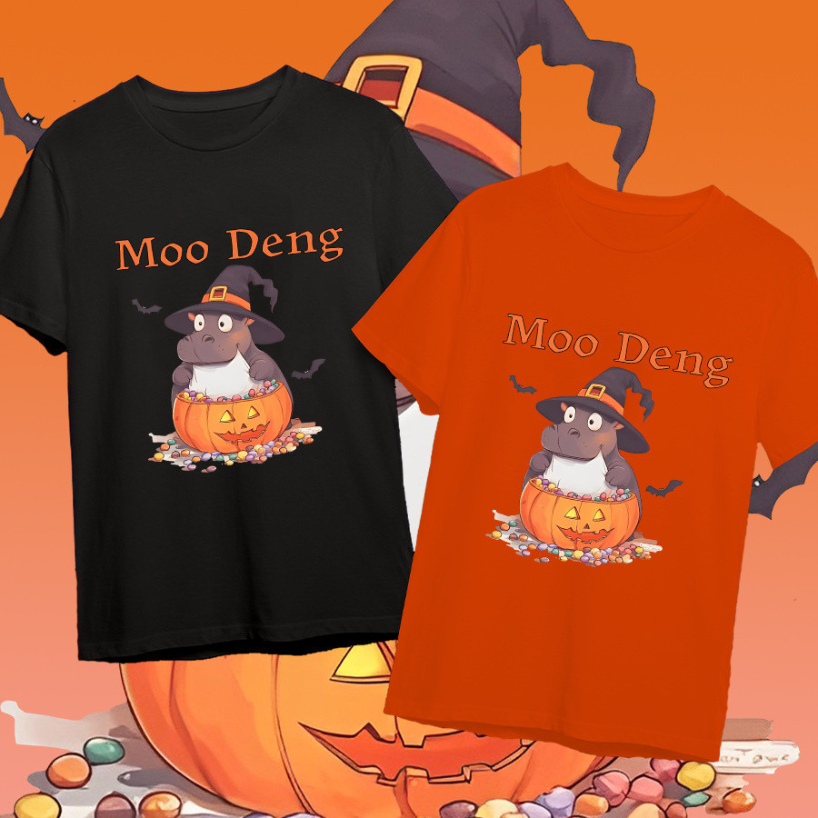 😺   ใหม่ เสื้อ MOO-DENG Moodeng hippo หมูเด้ง&Halloween T-shirt ชุดฮาโลวีน ผ้าฝ้ายแท้ 100% ราคาถูก แ