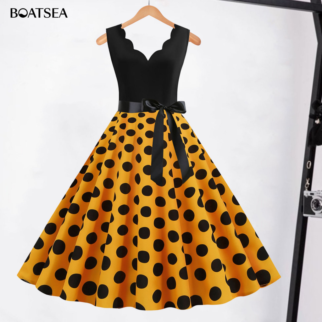 Bsw- 1950s Party Dress Charming หญิง Silhouette ชุด Vintage ดอกไม้ Lace-up Midi ชุดโบว์รายละเอียดสําหรับ Prom Party Retro 50s 60s สไตล์ A-line เดรสแขนกุดสําหรับผู้หญิง